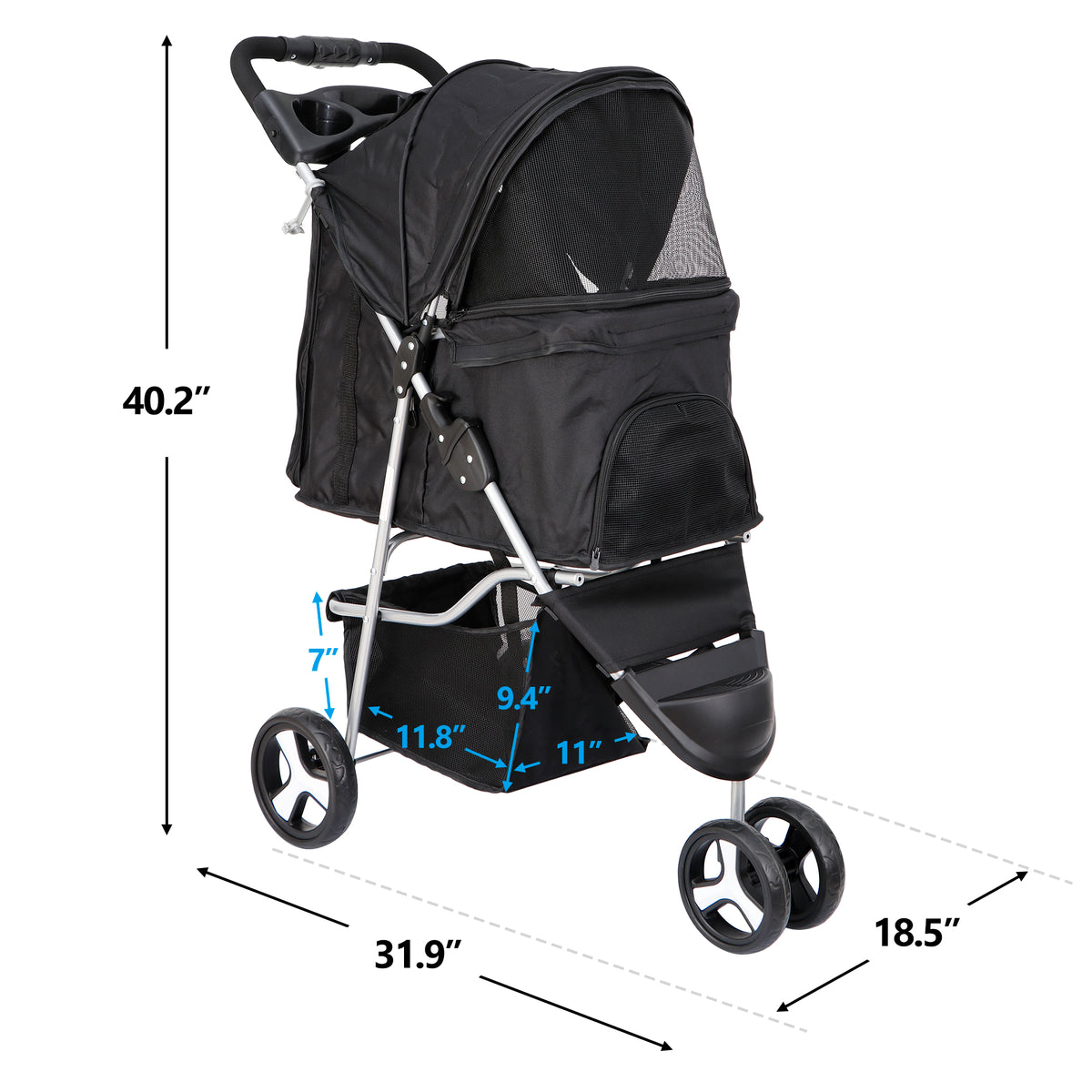 ZENY Foldable Pet Stroller for Cats and Dogs 3 Wheels Carrier Strolling Cart with Weather Cover, Storage Basket + Cup Holder