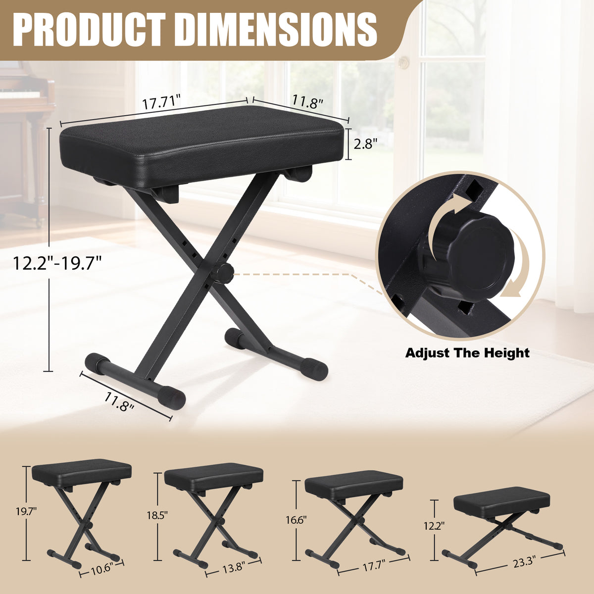 ZENY Piano Bench, X-Style Adjustable Height Keyboard Bench, Thickness ...