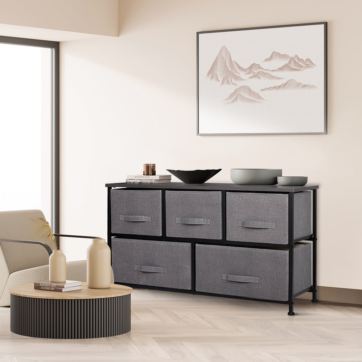 ZENY™ 5 Drawer Fabric Dresser Chests of Drawers, Wide Storage Tower He ...