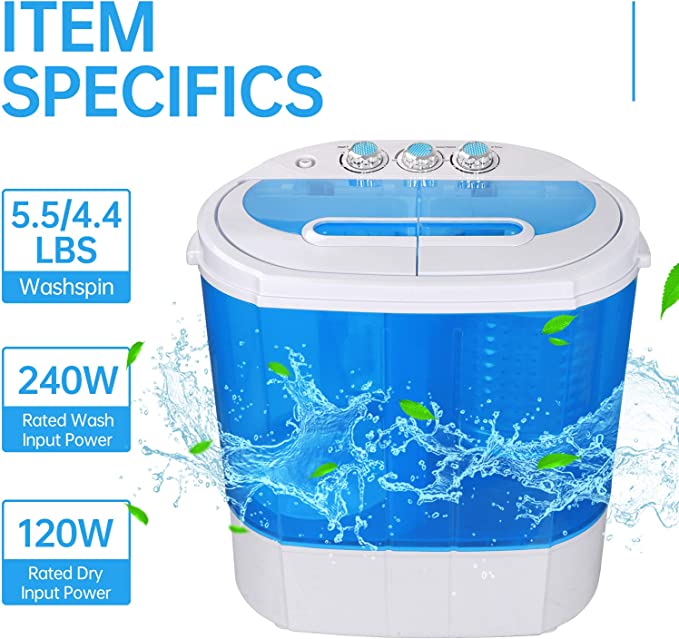 ZENY™ Portable Washer 9.9lb Mini Compact Twin Tub Washing Top Load Spi