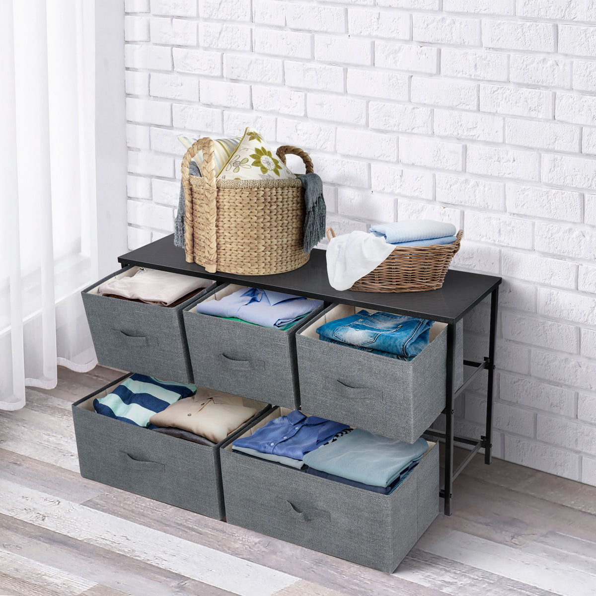 ZENY™ 5 Drawers Extra Wide Steel Frame Wood Tops Dresser Storage Tower ...
