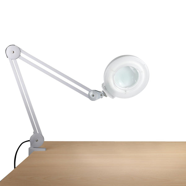 63-118 intertek 4 inch led swing arm table lamp 5x magnifier, 26 inch long  length, 3 white color modes, dimmable