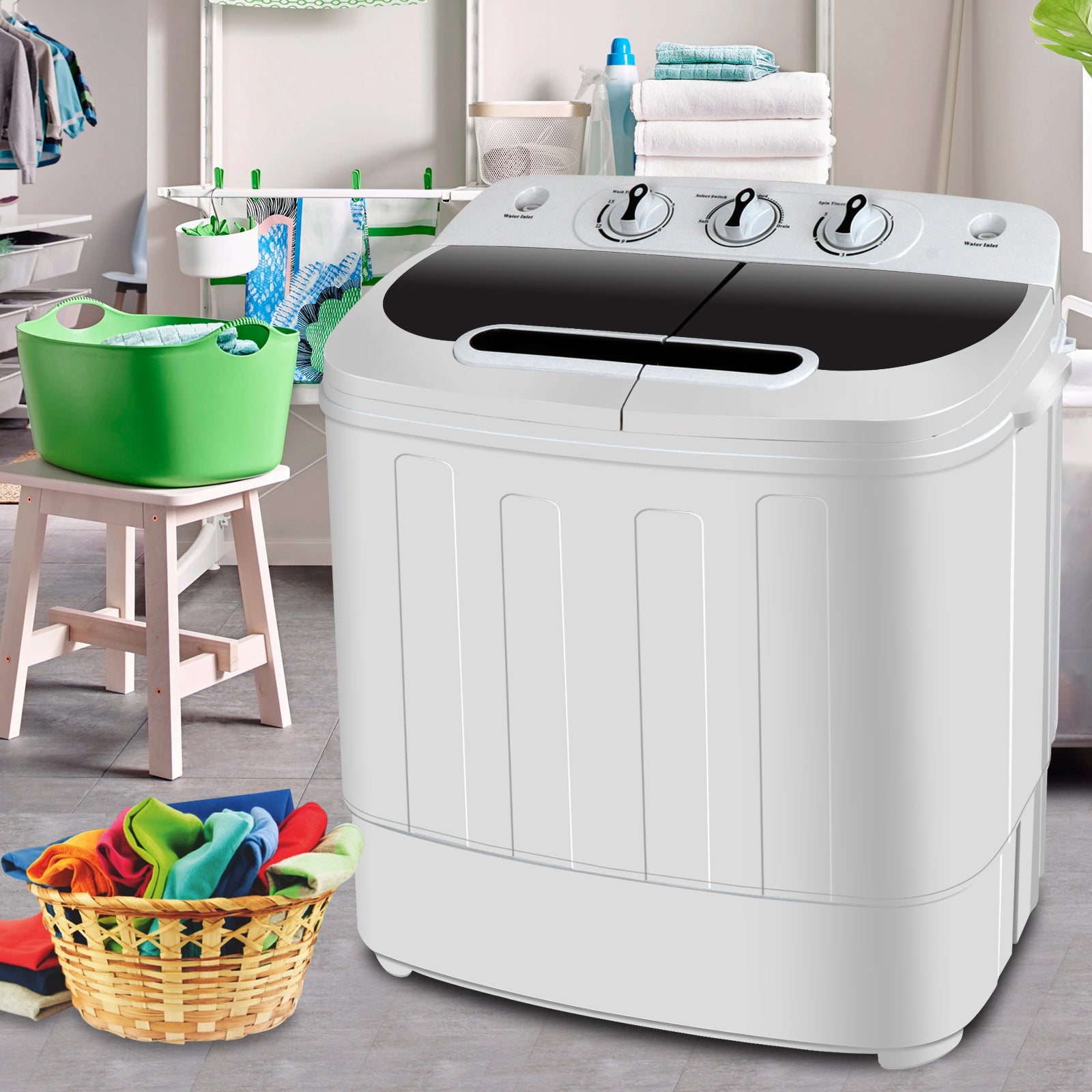 Mini Washing Machine ZENY Compact Twin Tub 13lb Capacity With